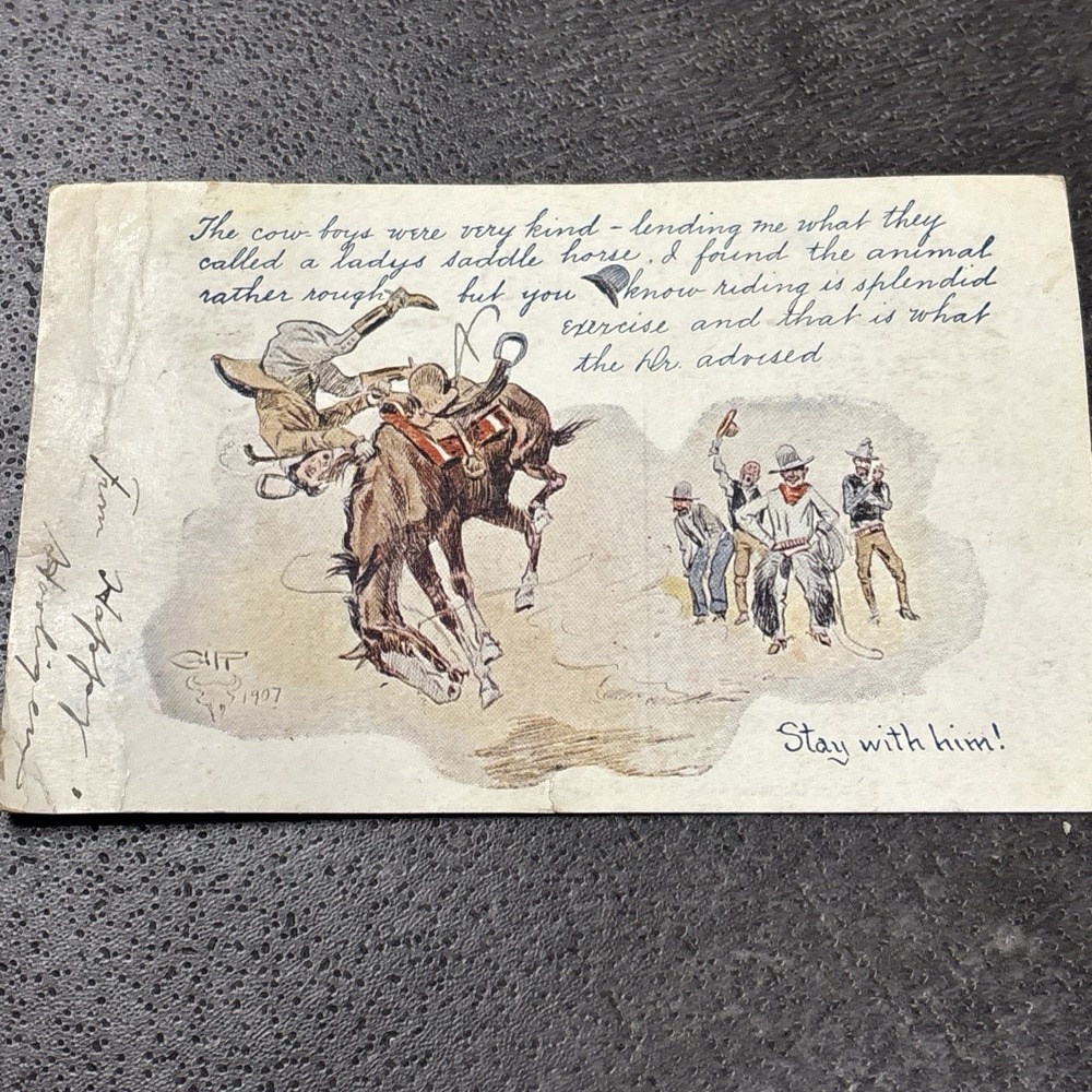 1907 Charles M Russell Postcard Stay With Him WT Ridgley Bucking Horse Montana